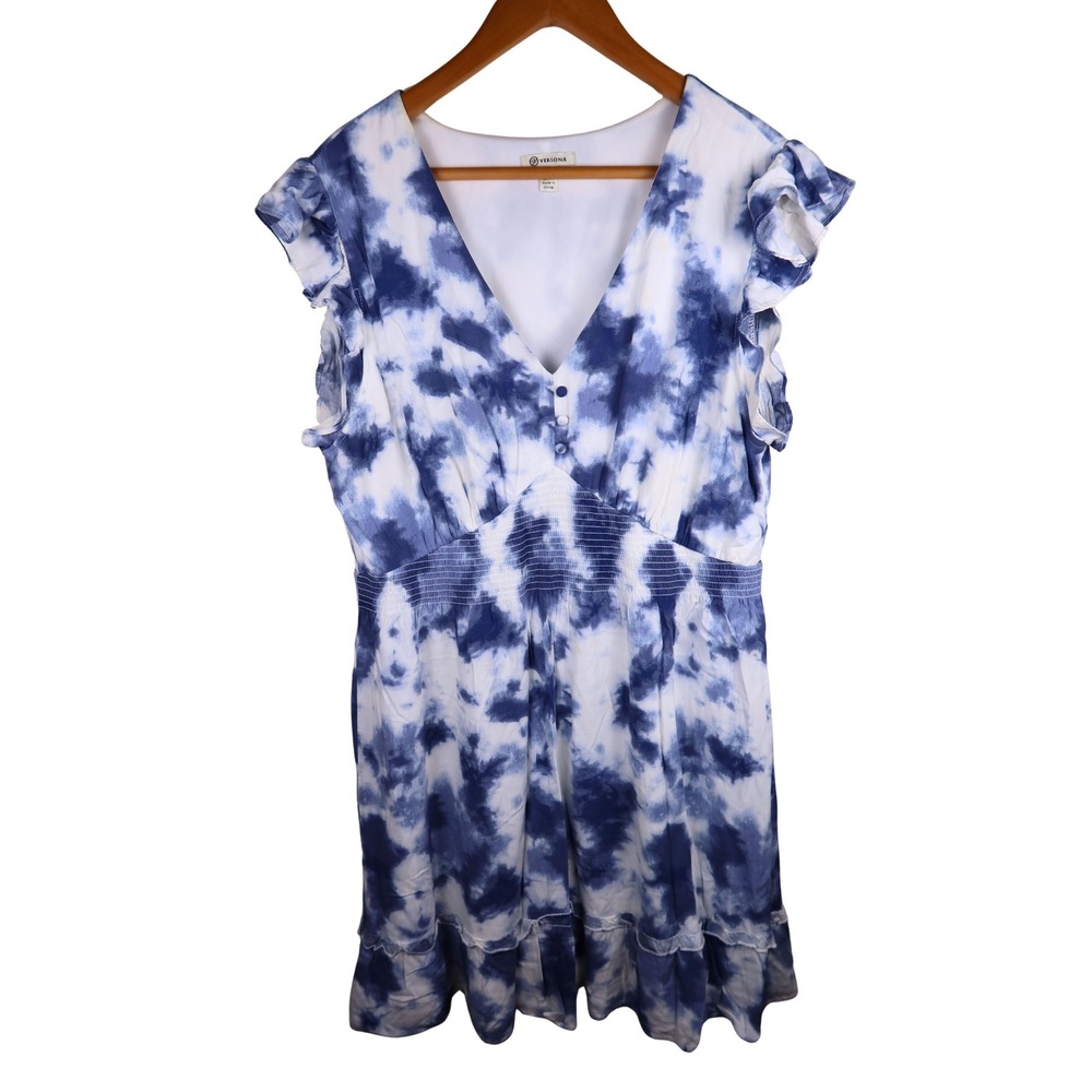 Versona Blue Tie Dye Mini Dress Smocked Waist Flutter Sleeve Size L Excellent